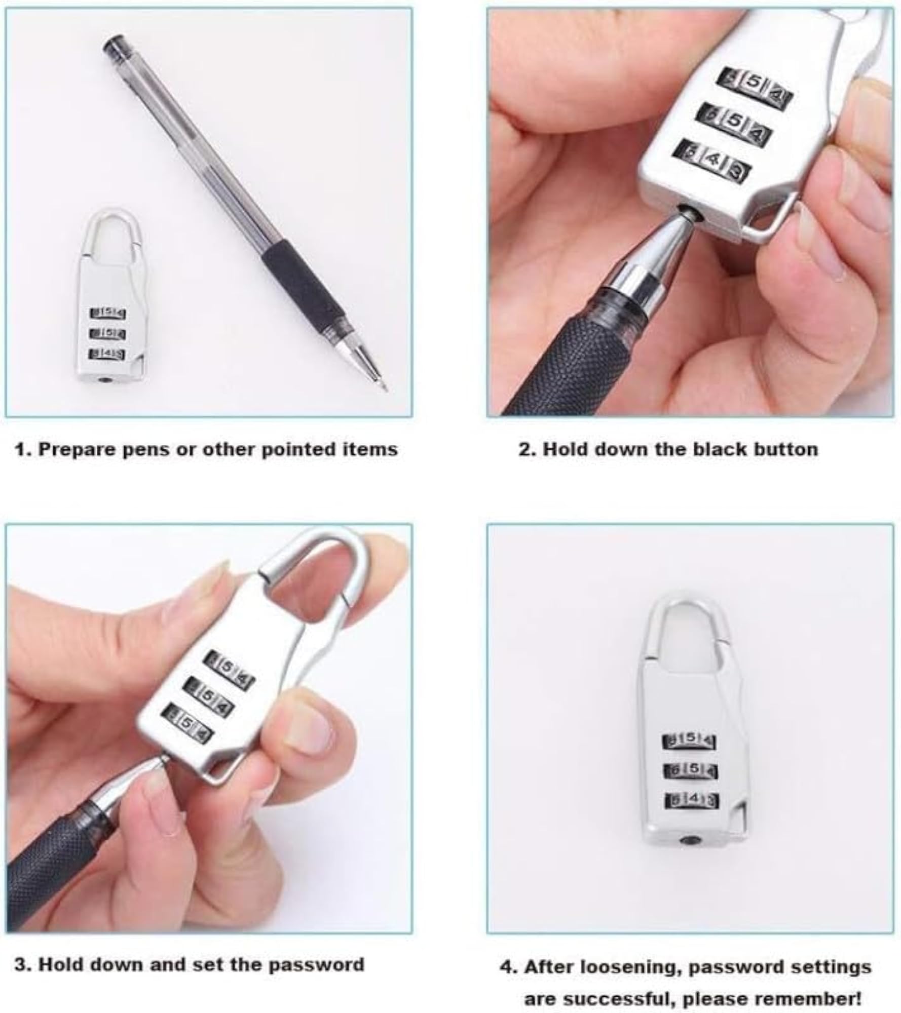 Silver 3 Digit Carabiner Combination Set, Strong Metal Lock